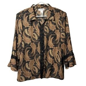 VTG Studio Moore Paisley Lace Button Blouse Women's 14 Black Brown Eclectic BOHO